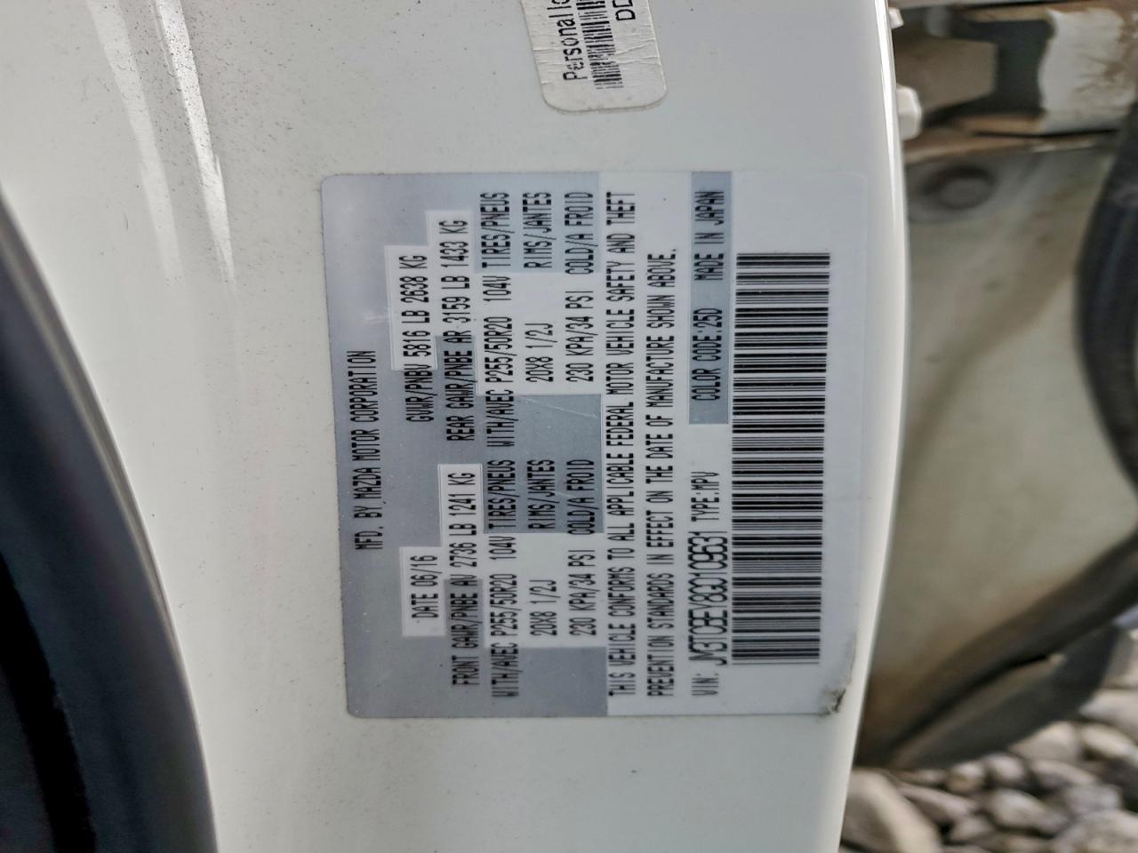 2016 Mazda Cx-9 Signature VIN: JM3TCBEY8G0109631 Lot: 94320385