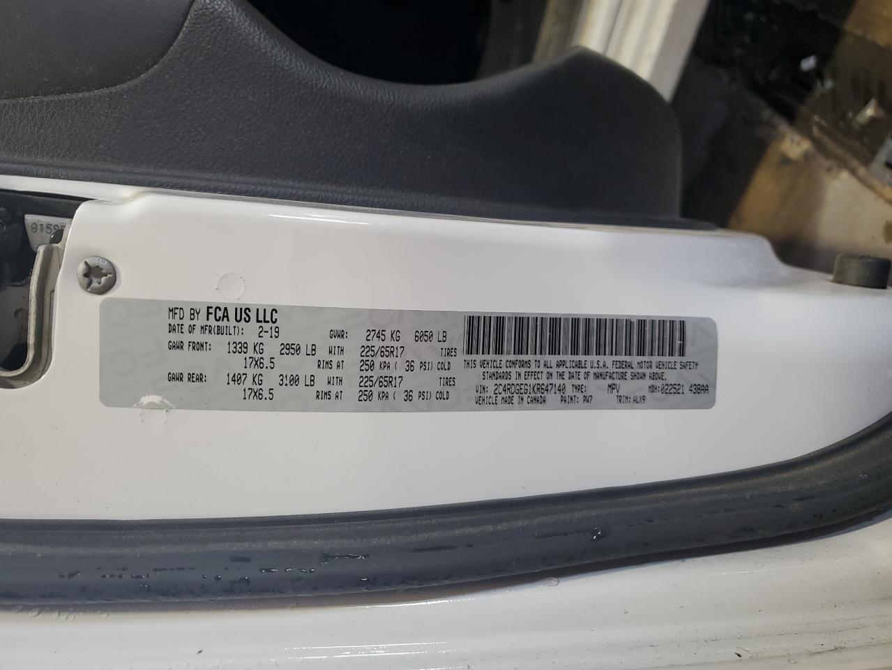 2019 Dodge Grand Caravan Gt VIN: 2C4RDGEG1KR647140 Lot: 91621655