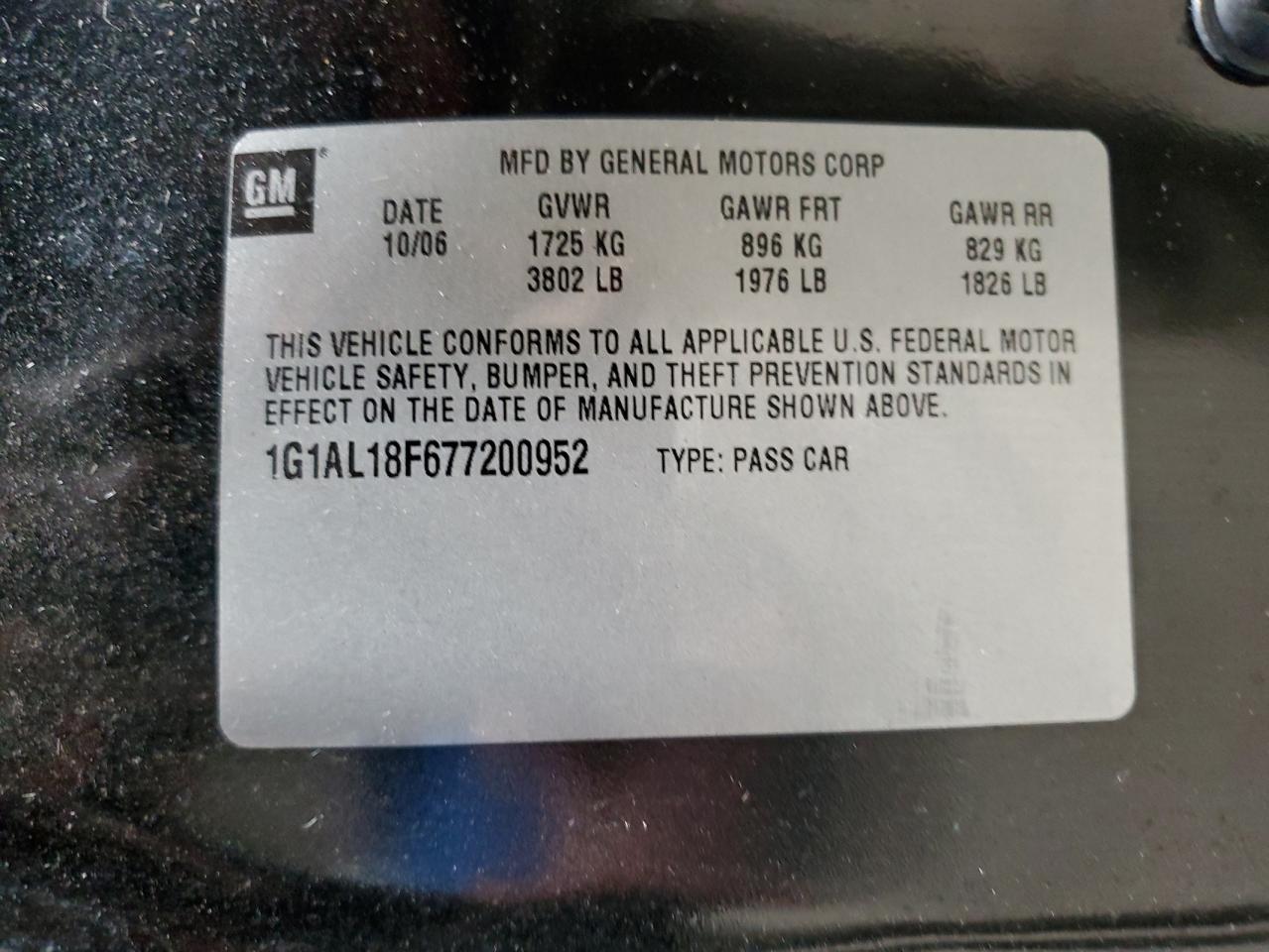 2007 Chevrolet Cobalt Lt VIN: 1G1AL18F677200952 Lot: 92094285