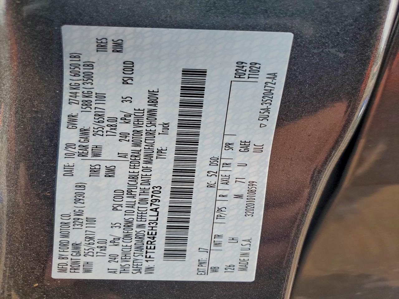 2020 Ford Ranger Xl VIN: 1FTER4EH3LLA79703 Lot: 94027455