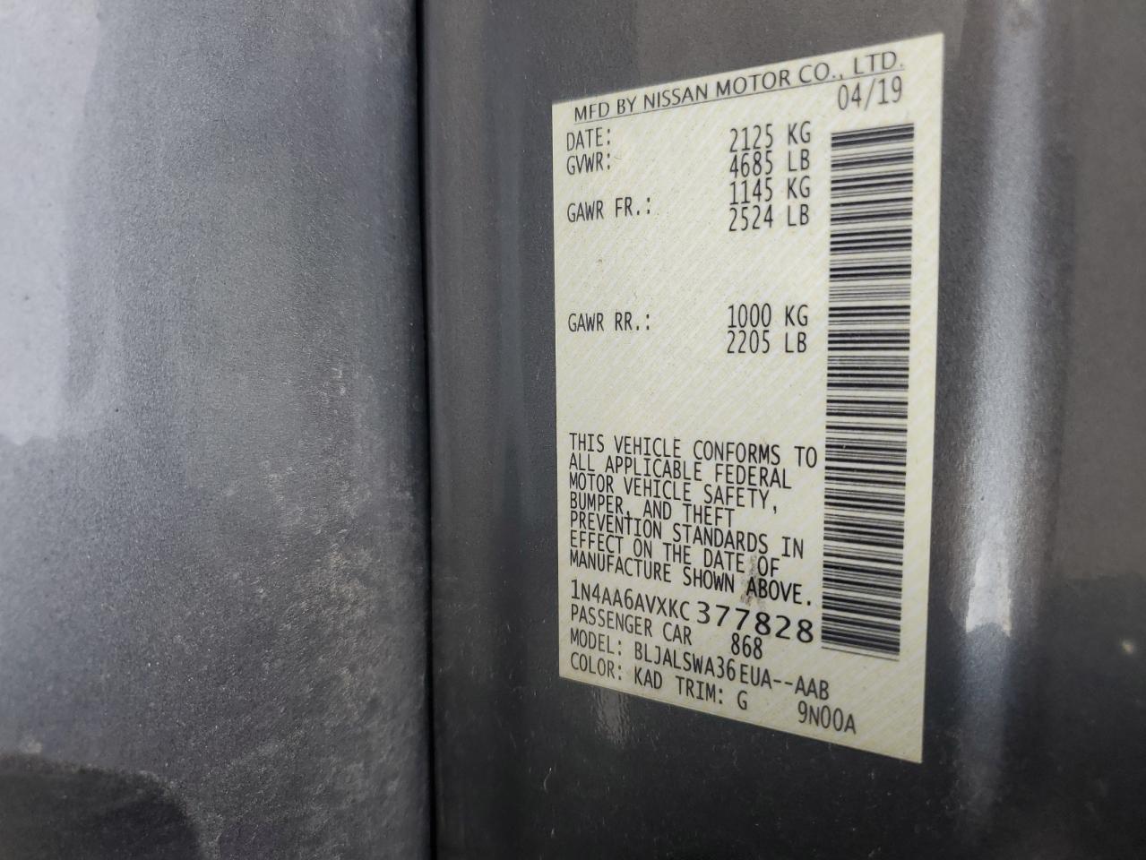 2019 Nissan Maxima S VIN: 1N4AA6AVXKC377828 Lot: 91272525