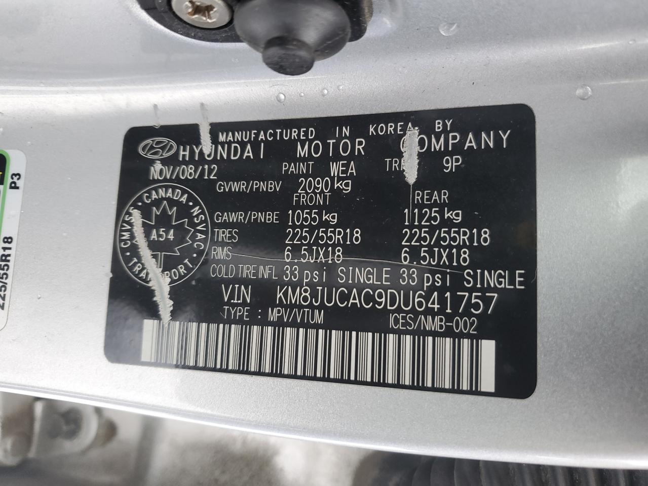 2013 Hyundai Tucson Gls VIN: KM8JUCAC9DU641757 Lot: 91639475