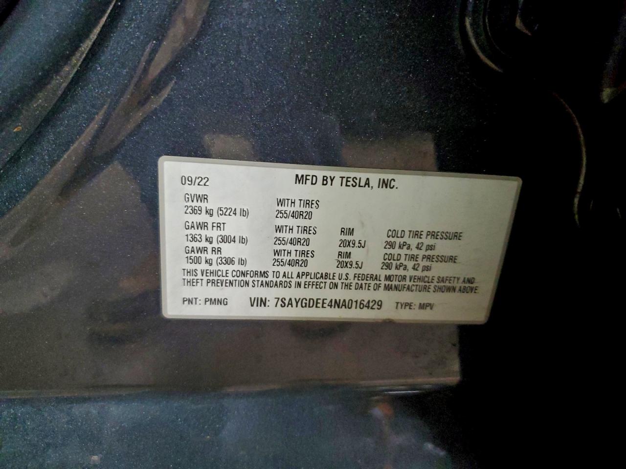 2022 Tesla Model Y VIN: 7SAYGDEE4NA016429 Lot: 94781925