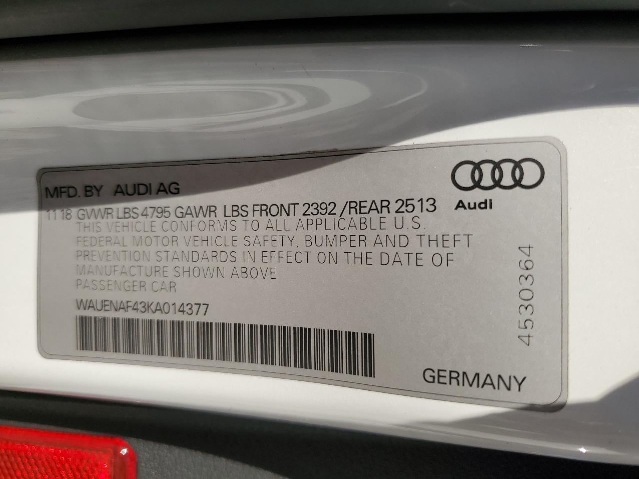 2019 Audi A4 Premium Plus VIN: WAUENAF43KA014377 Lot: 90890065