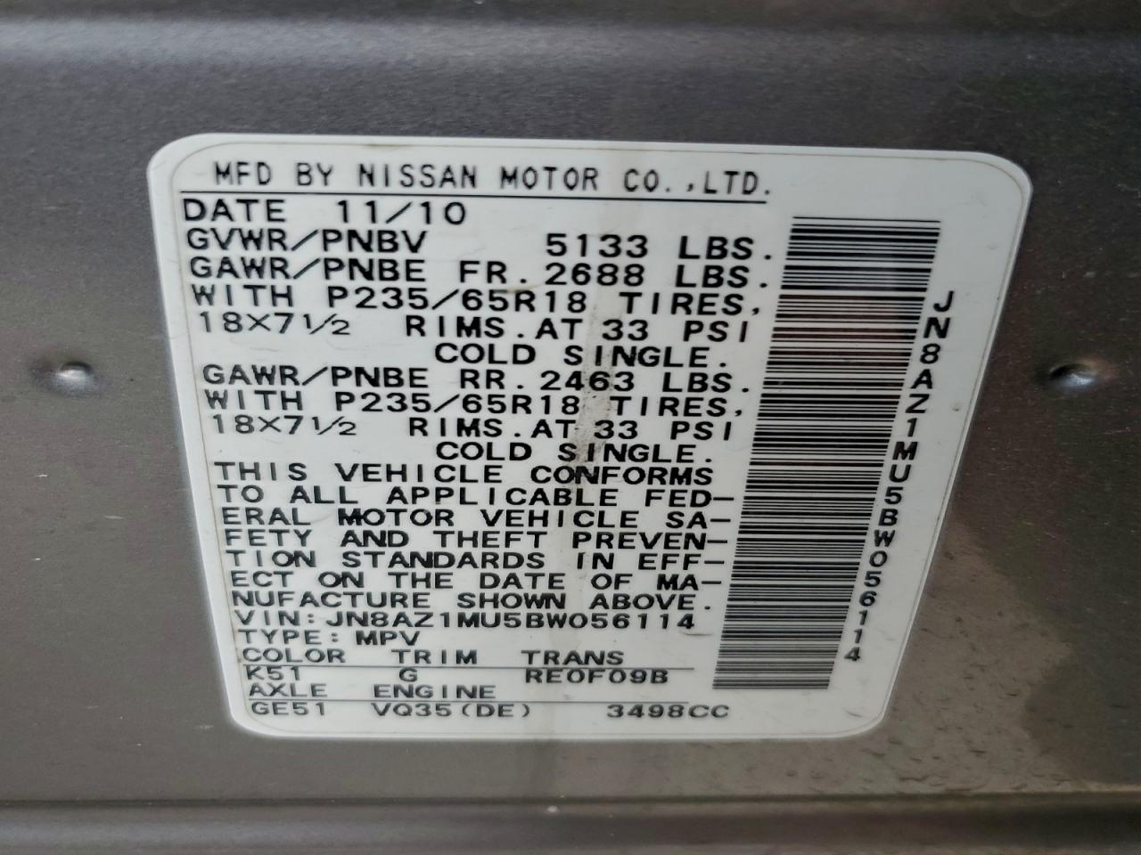 2011 Nissan Murano S VIN: JN8AZ1MU5BW056114 Lot: 93832505