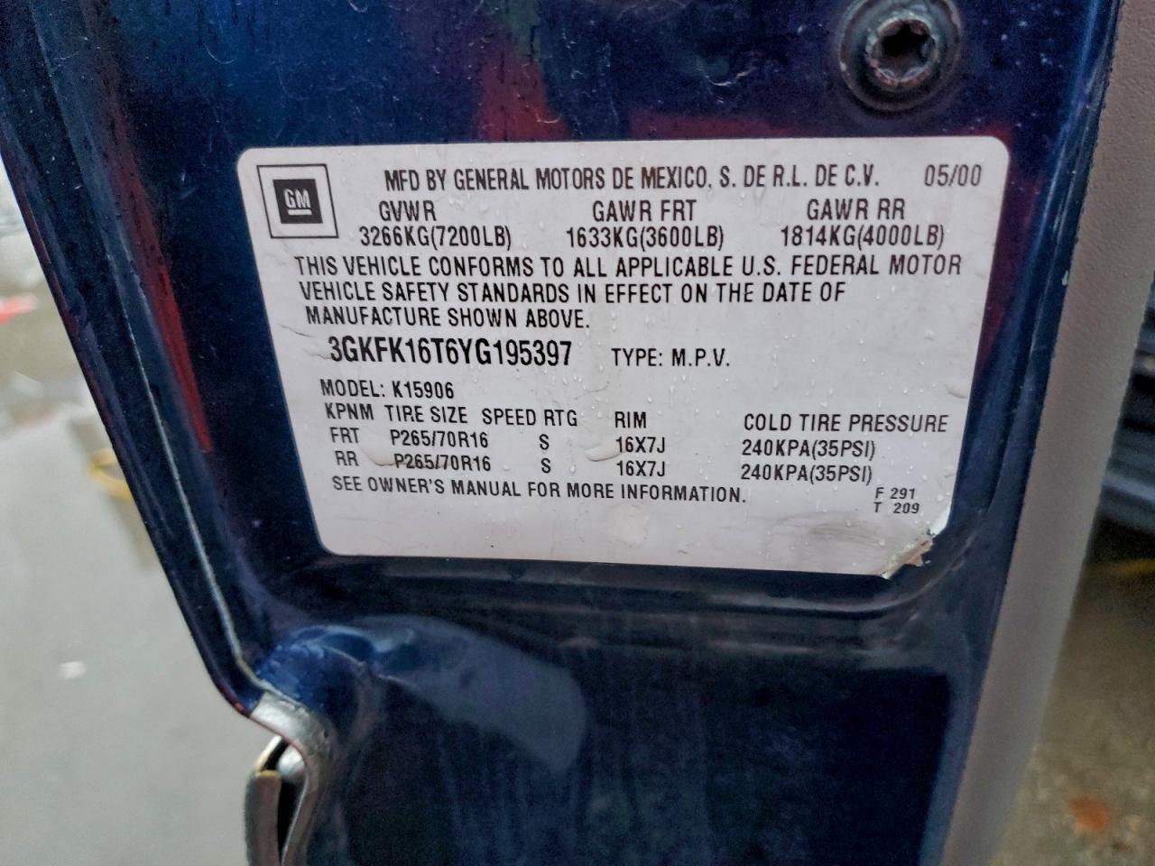 2000 GMC Yukon Xl K1500 VIN: 3GKFK16T6YG195397 Lot: 94056235