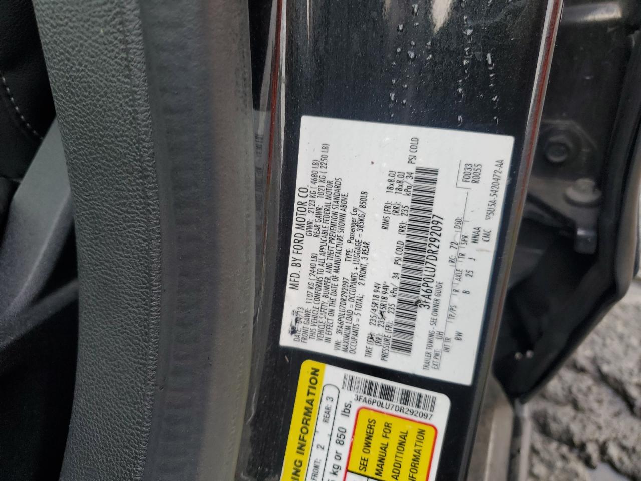 2013 Ford Fusion Se Hybrid VIN: 3FA6P0LU7DR292097 Lot: 93030745