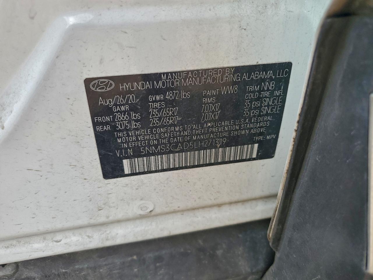 2020 Hyundai Santa Fe Sel VIN: 5NMS3CAD5LH271319 Lot: 93922285