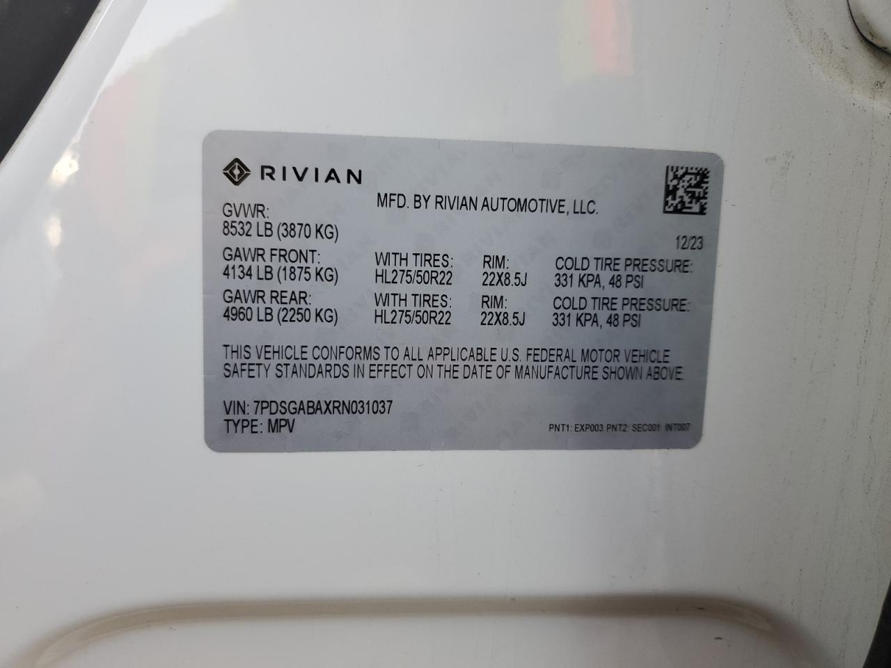 2024 Rivian R1S Adventure VIN: 7PDSGABAXRN031037 Lot: 92073315