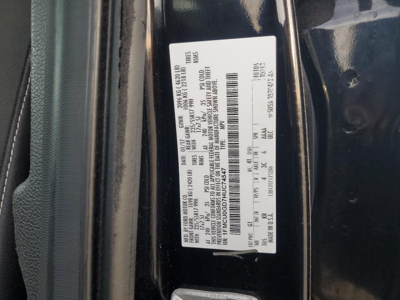 2017 Ford Escape Se VIN: 1FMCU0GD7HUC74547 Lot: 92232505