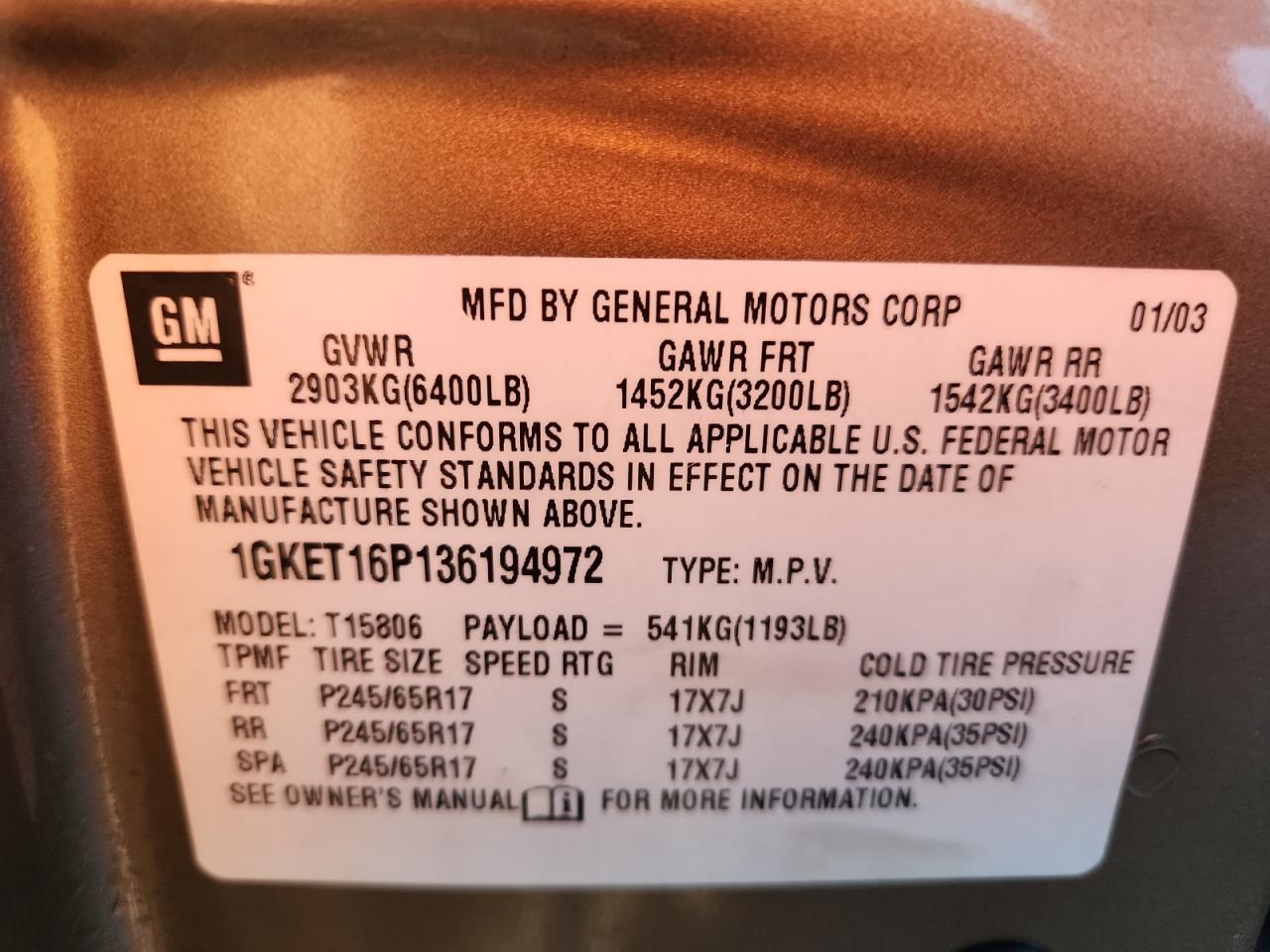 2003 GMC Envoy Xl VIN: 1GKET16P136194972 Lot: 92708095