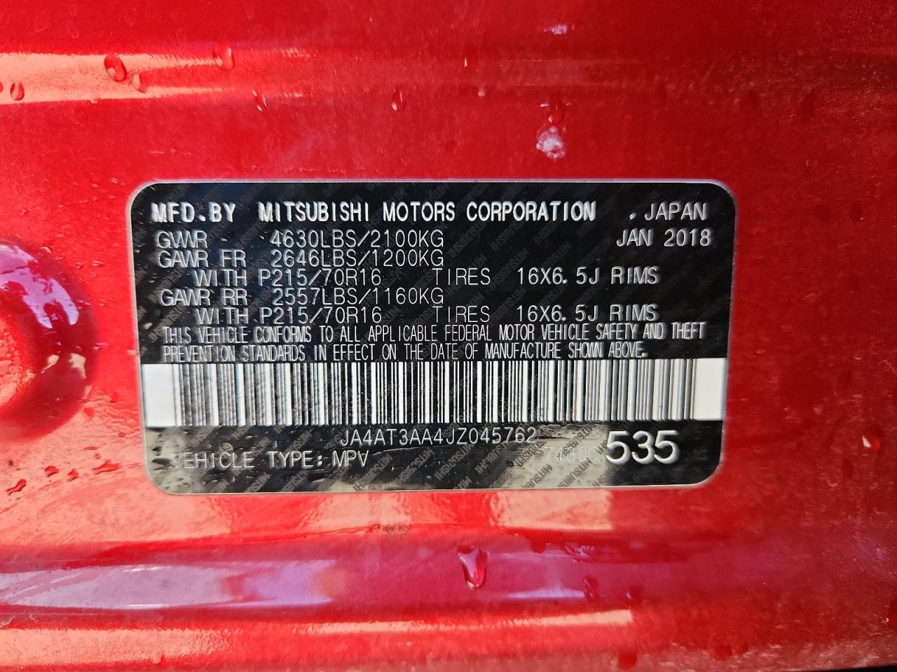 2018 Mitsubishi Eclipse Cross Es VIN: JA4AT3AA4JZ045762 Lot: 92823925