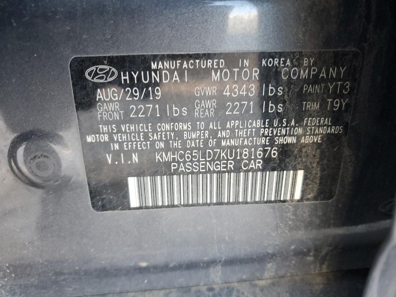 2019 Hyundai Ioniq VIN: KMHC65LD7KU181676 Lot: 92540325