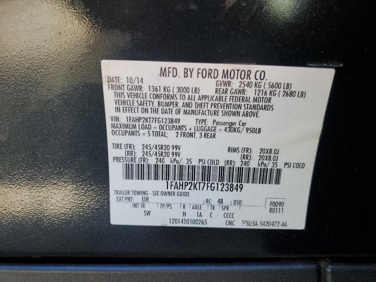 2015 Ford Taurus Sho VIN: 1FAHP2KT7FG123849 Lot: 91272085