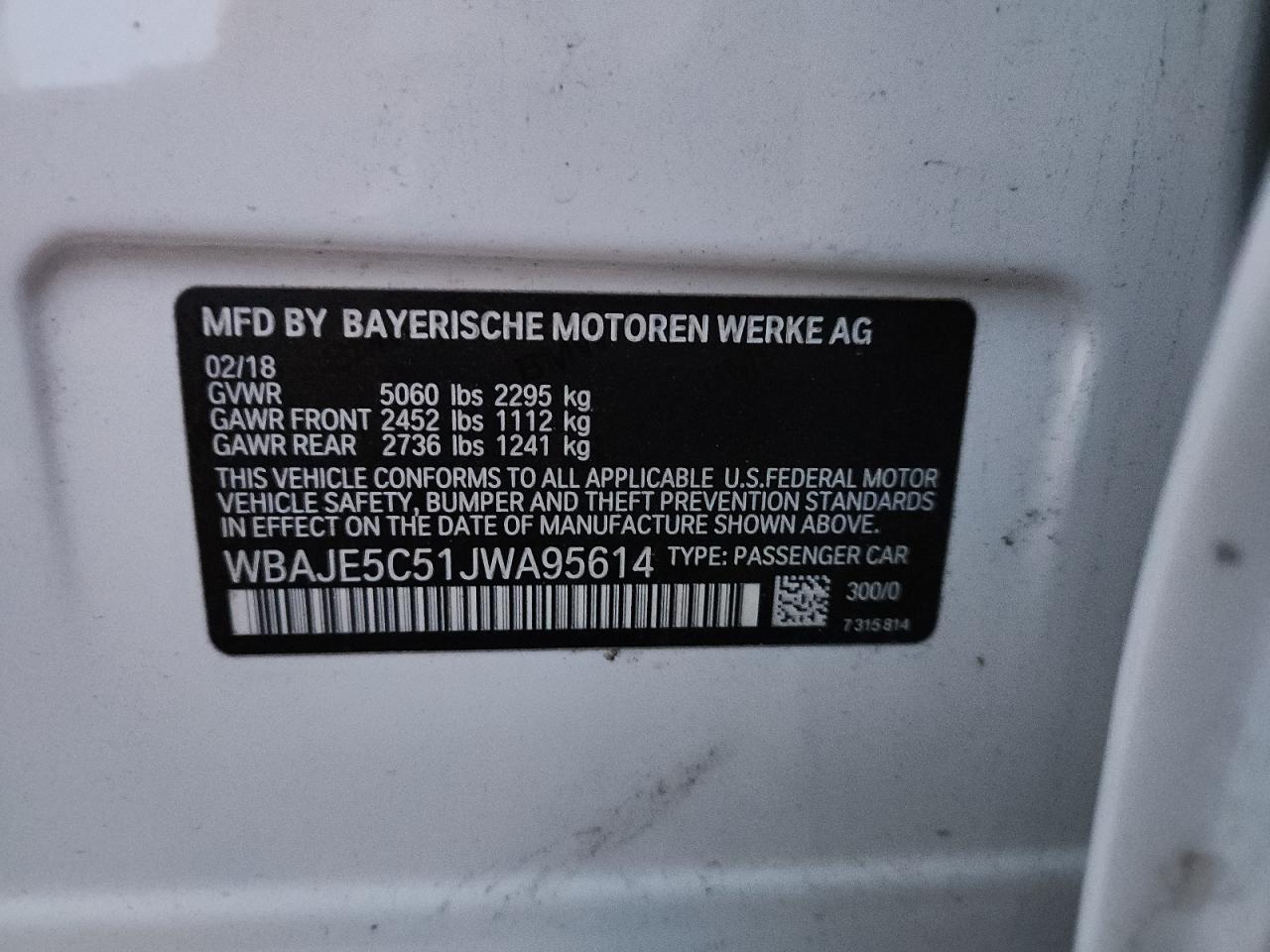 2018 BMW 540 I VIN: WBAJE5C51JWA95614 Lot: 91338655