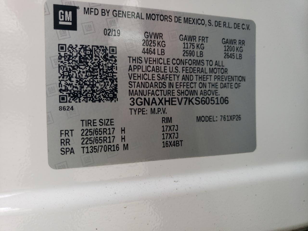 2019 Chevrolet Equinox Ls VIN: 3GNAXHEV7KS605106 Lot: 92170065