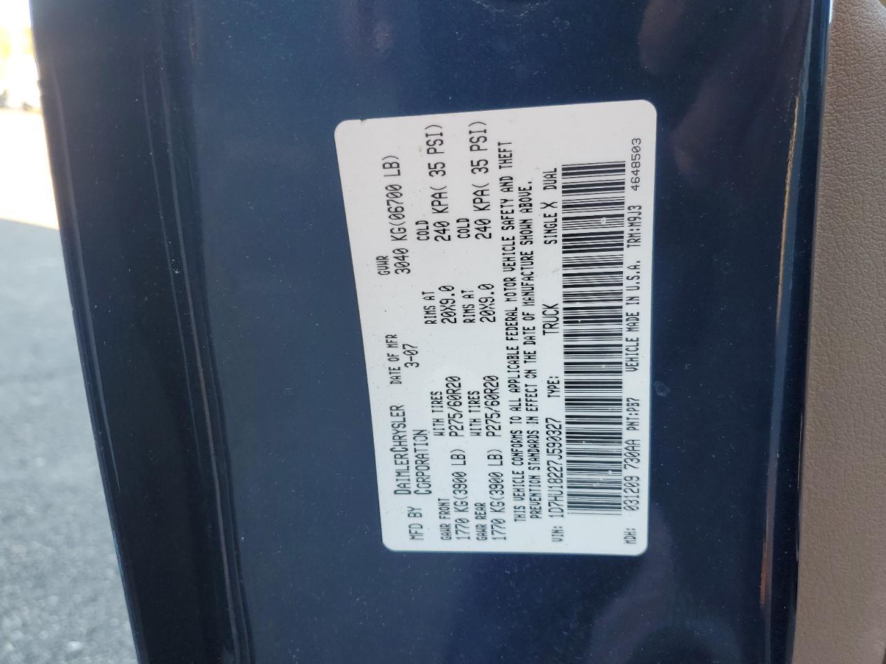 2007 Dodge Ram 1500 St VIN: 1D7HU18227J590327 Lot: 91053945