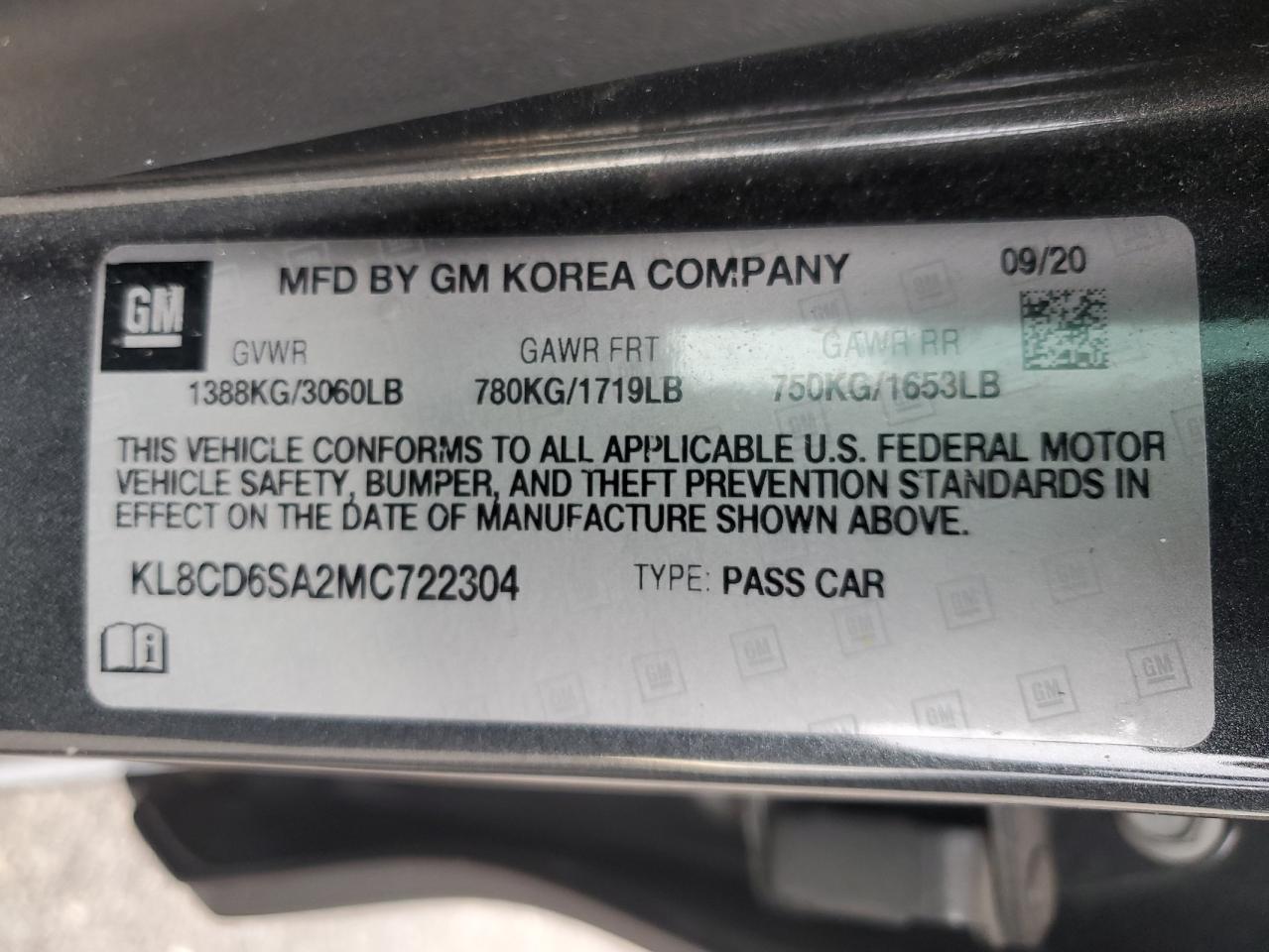 2021 Chevrolet Spark 1Lt VIN: KL8CD6SA2MC722304 Lot: 91858235