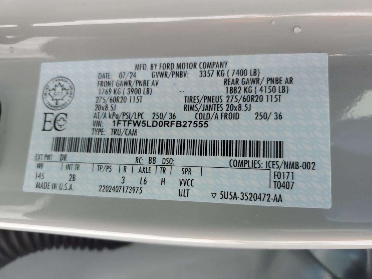 2024 Ford F150 Lariat VIN: 1FTFW5LD0RFB27555 Lot: 92069635