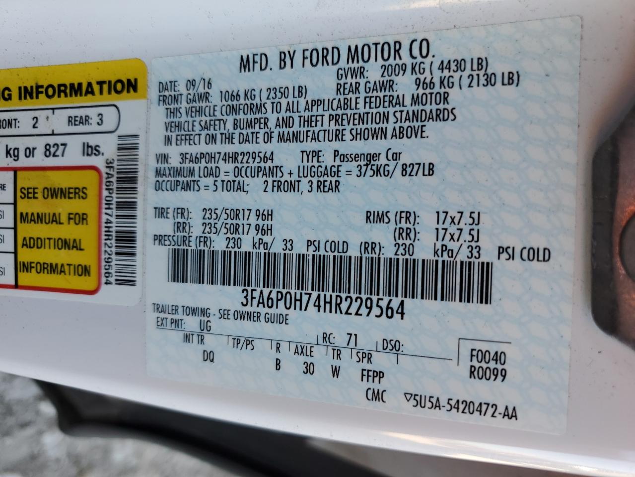 2017 Ford Fusion Se VIN: 3FA6P0H74HR229564 Lot: 92028285