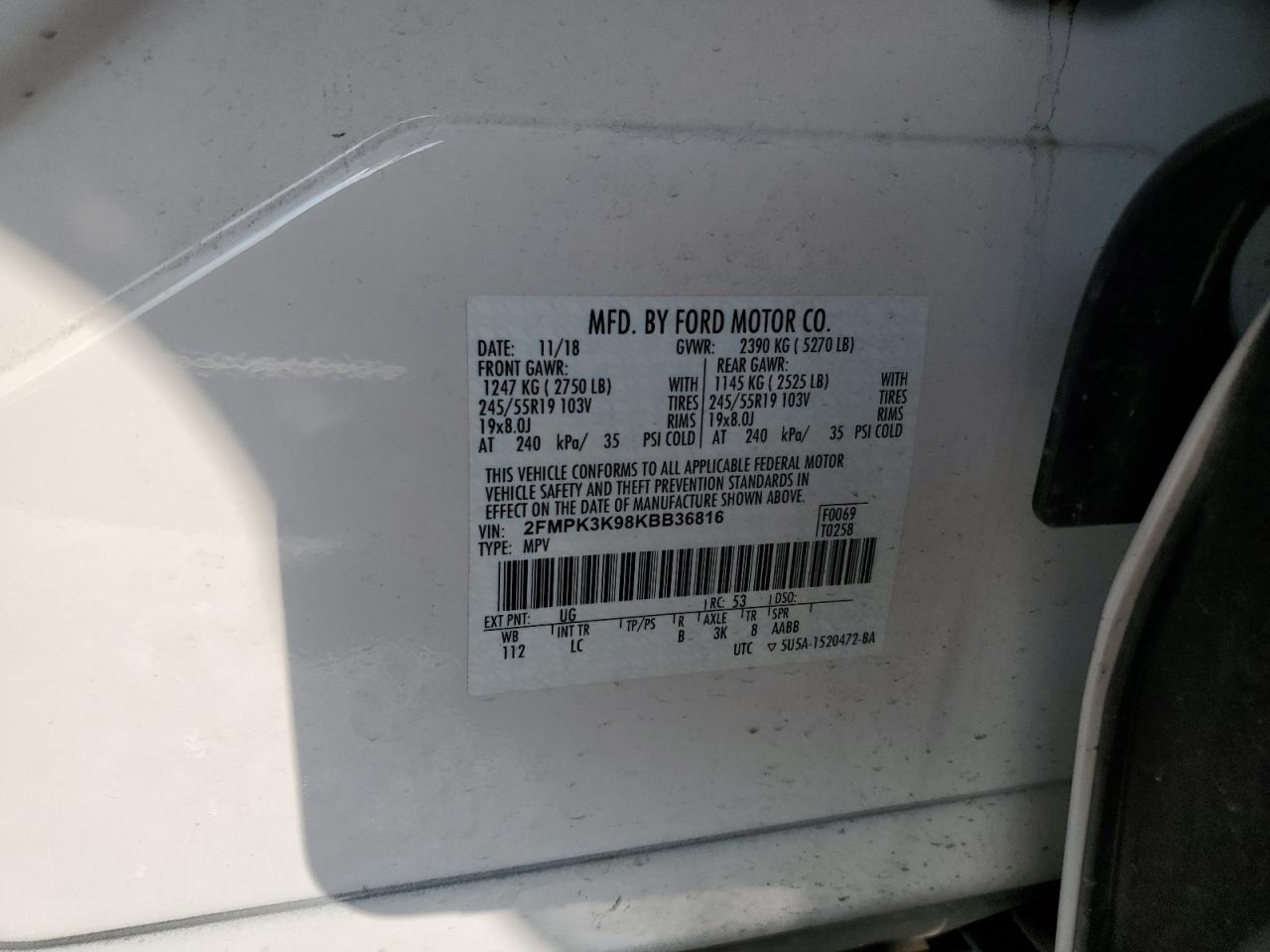 2019 Ford Edge Titanium VIN: 2FMPK3K98KBB36816 Lot: 93044705