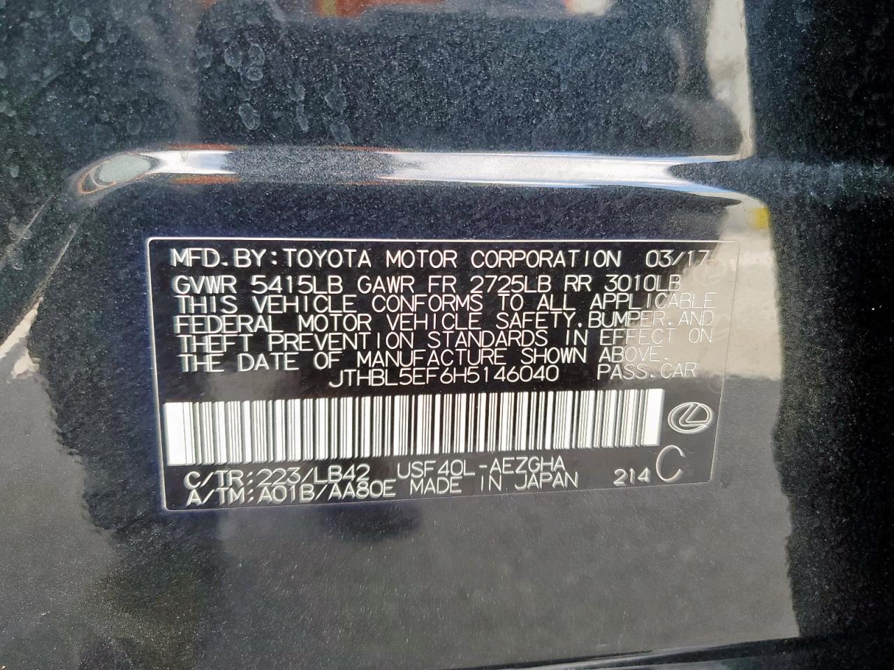 2017 Lexus Ls 460 VIN: JTHBL5EF6H5146040 Lot: 93498835