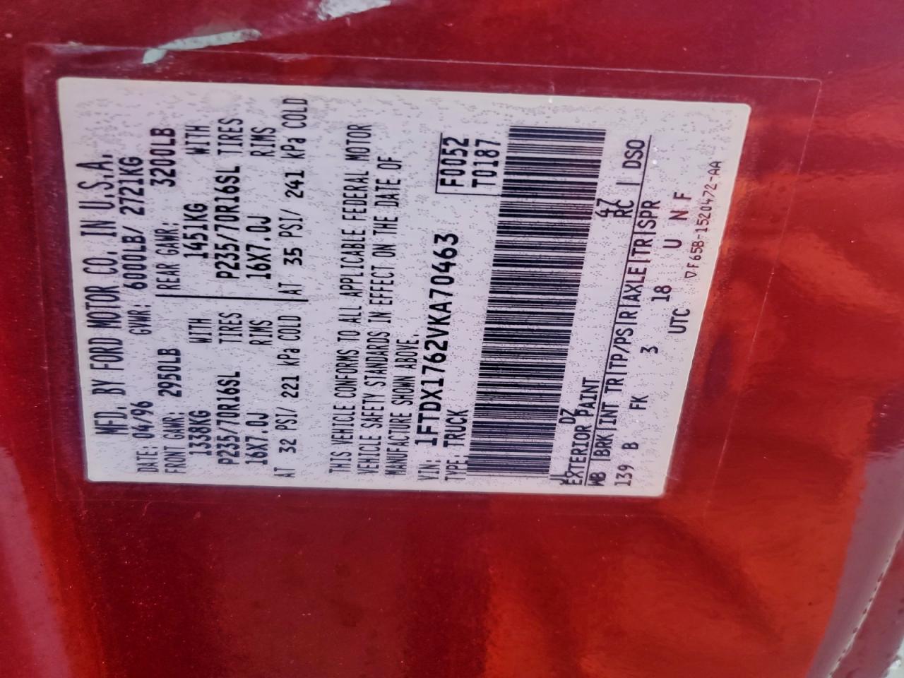 1997 Ford F150 VIN: 1FTDX1762VKA70463 Lot: 93629215