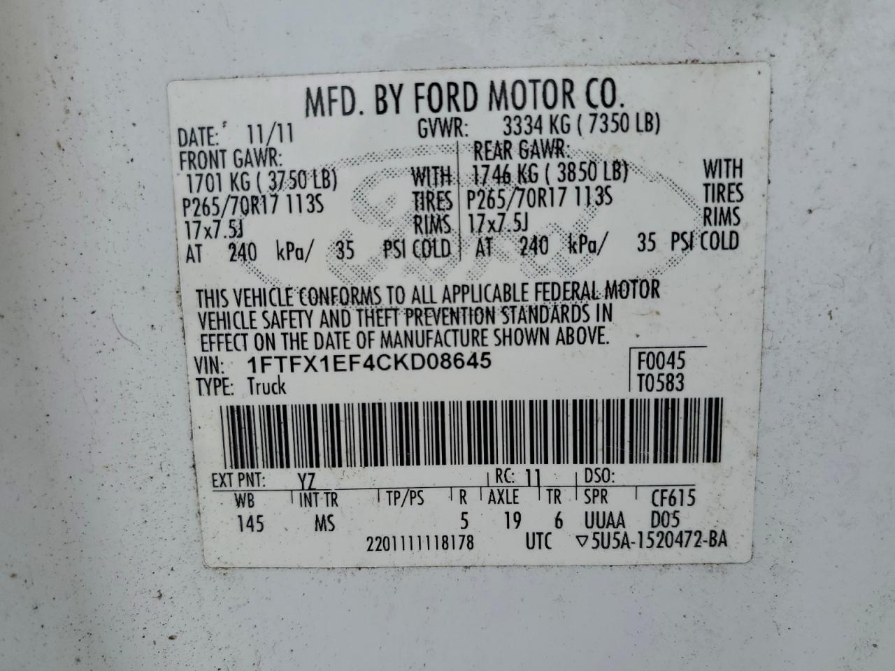 2012 Ford F150 Super Cab VIN: 1FTFX1EF4CKD08645 Lot: 93549825