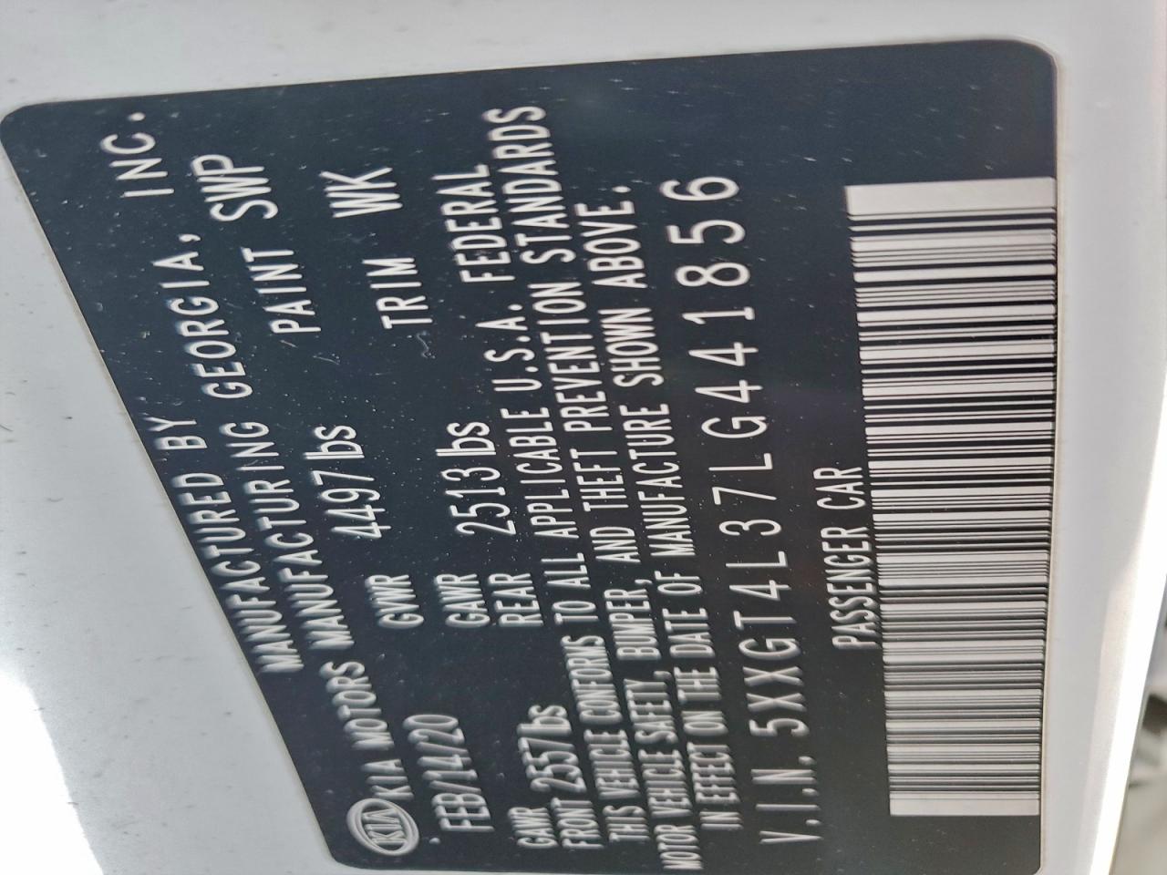 2020 Kia Optima Lx VIN: 5XXGT4L37LG441856 Lot: 94563195