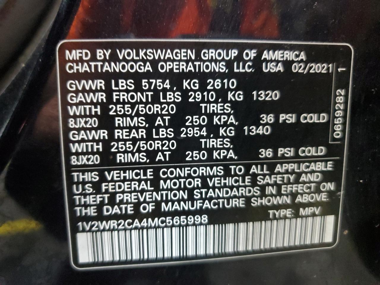 2021 Volkswagen Atlas Se VIN: 1V2WR2CA4MC565998 Lot: 93667375