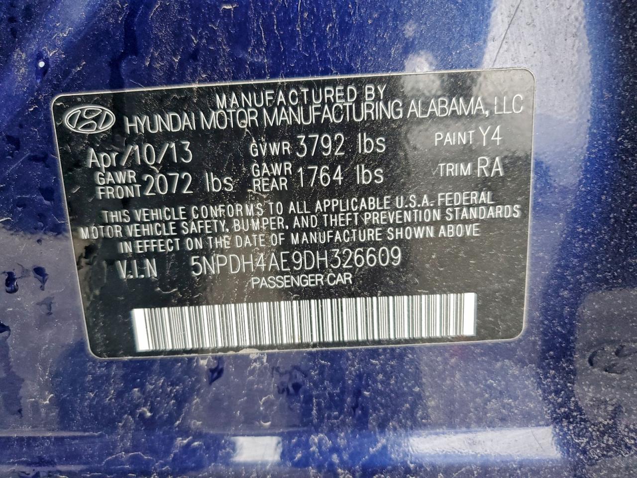 2013 Hyundai Elantra Gls VIN: 5NPDH4AE9DH326609 Lot: 94594045