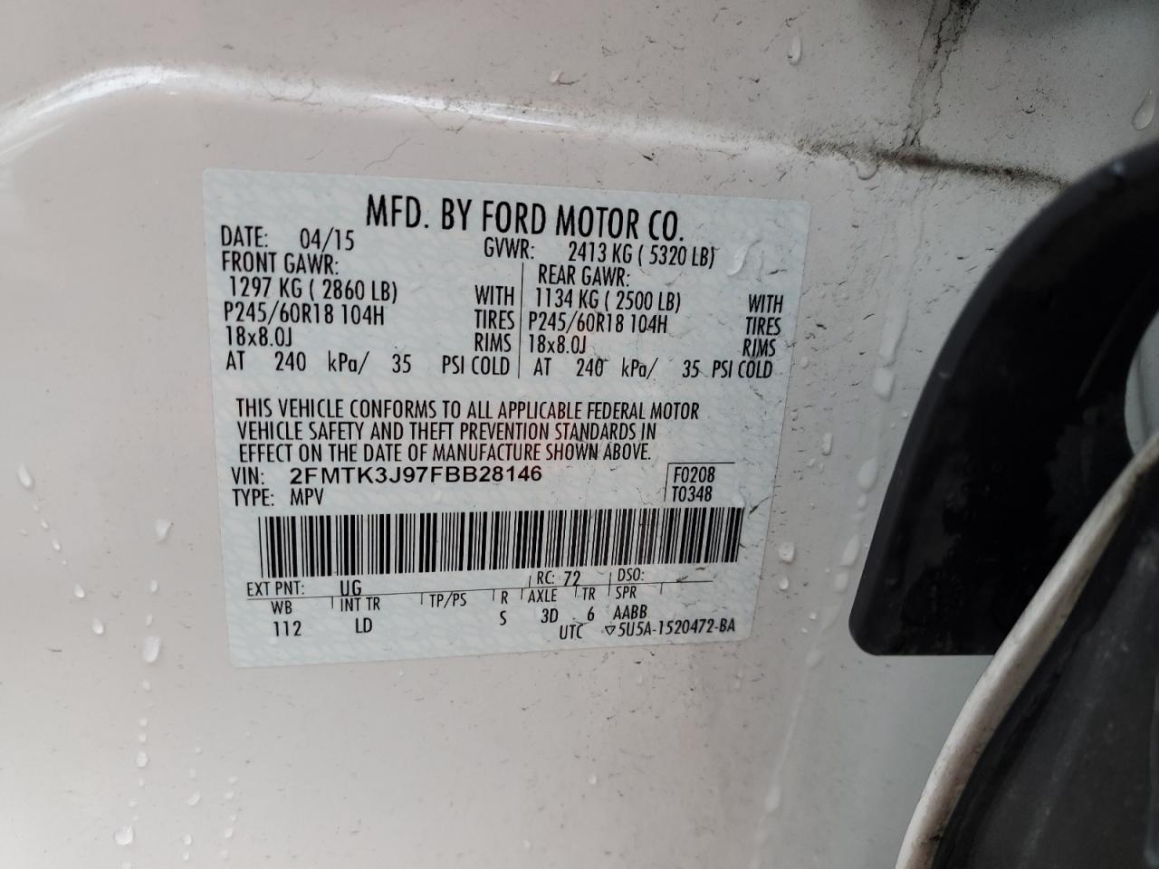 2015 Ford Edge Sel VIN: 2FMTK3J97FBB28146 Lot: 92079015