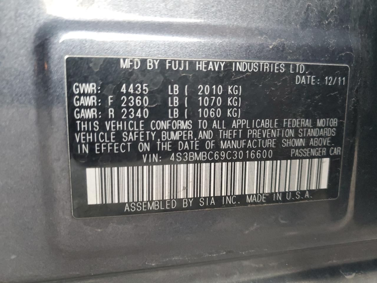 2012 Subaru Legacy 2.5I Premium VIN: 4S3BMBC69C3016600 Lot: 90945315