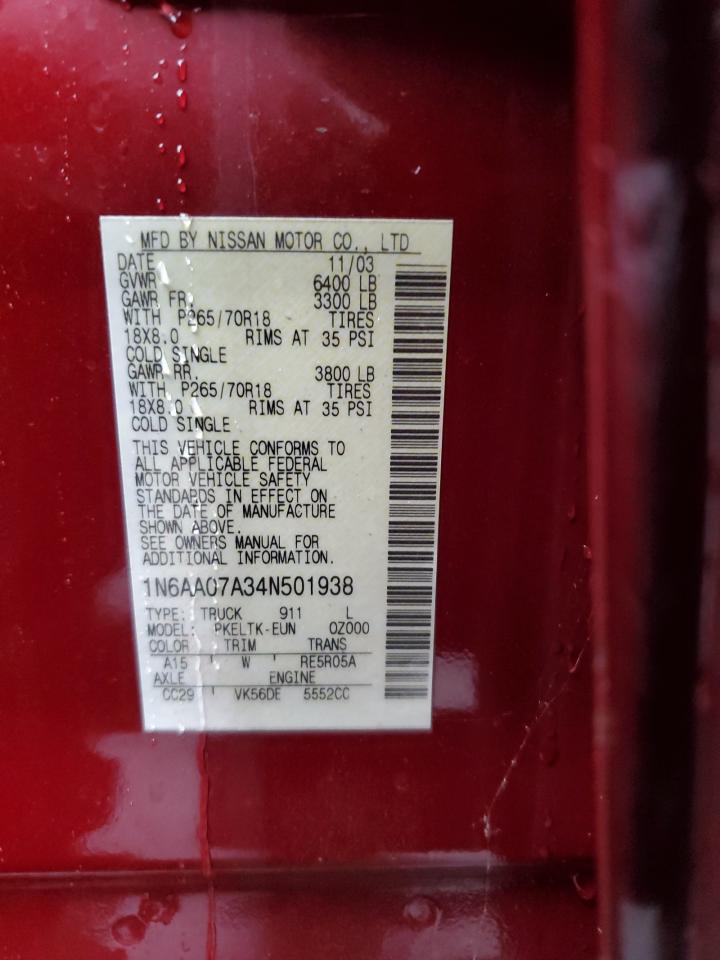 2004 Nissan Titan Xe VIN: 1N6AA07A34N501938 Lot: 90715905