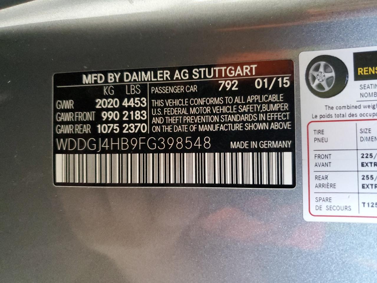 2015 Mercedes-Benz C 250 VIN: WDDGJ4HB9FG398548 Lot: 92892305