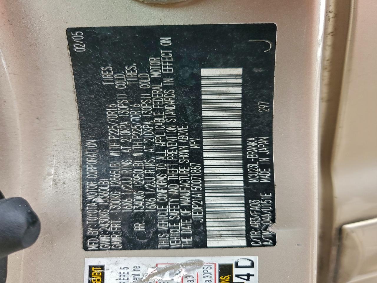 2005 Toyota Highlander Limited VIN: JTEDP21A150071887 Lot: 93630675