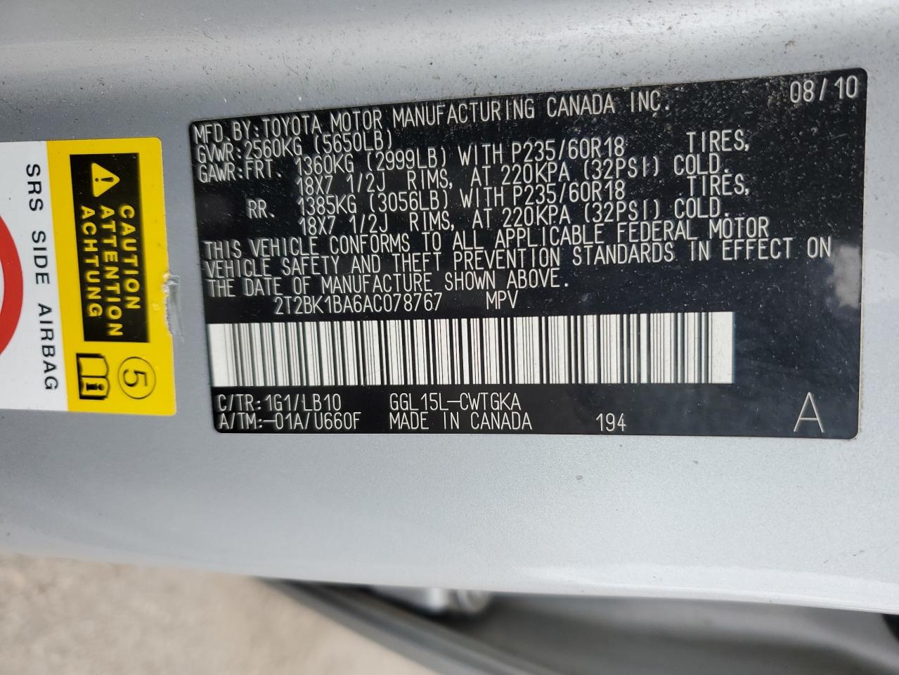 2010 Lexus Rx 350 VIN: 2T2BK1BA6AC078767 Lot: 91252255