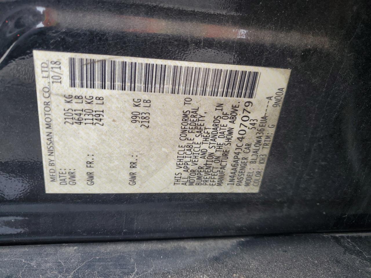 2018 Nissan Maxima 3.5S VIN: 1N4AA6AP4JC407079 Lot: 91826465