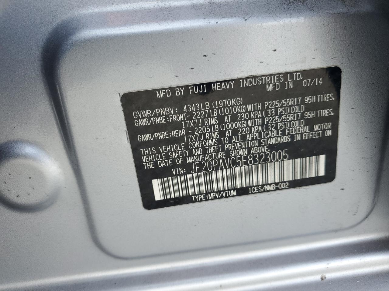 2014 Subaru Xv Crosstrek 2.0 Premium VIN: JF2GPAVC5E8323005 Lot: 92121035