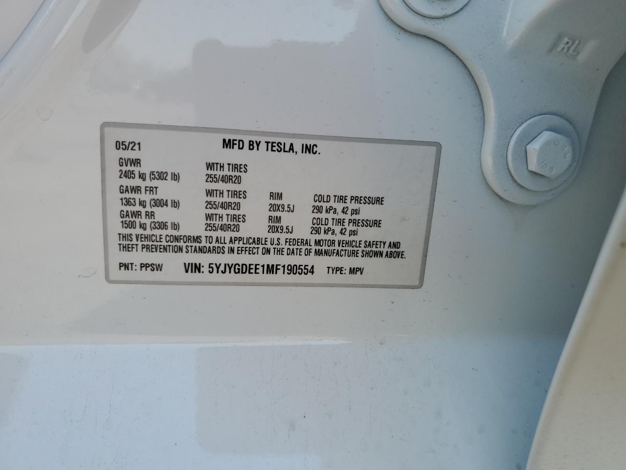 2021 Tesla Model Y VIN: 5YJYGDEE1MF190554 Lot: 92569265