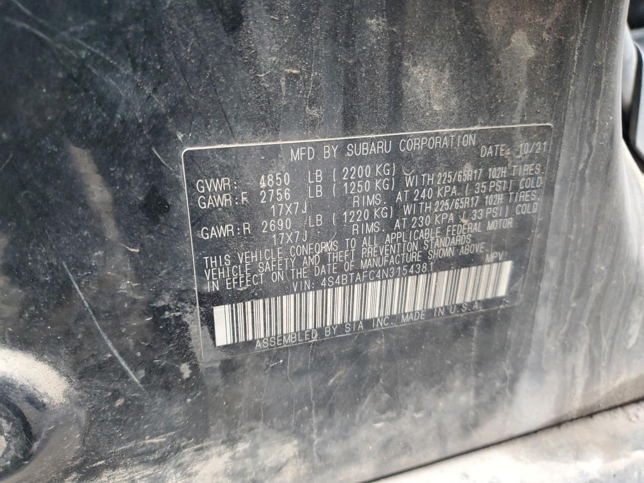 2022 Subaru Outback Premium VIN: 4S4BTAFC4N3154381 Lot: 93374965