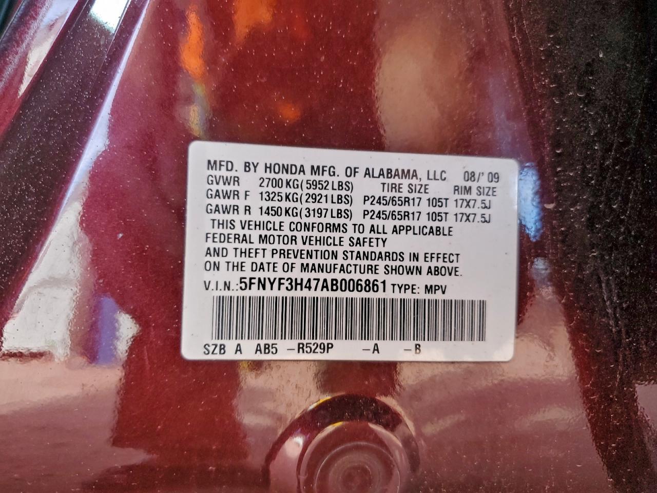 2010 Honda Pilot Ex VIN: 5FNYF3H47AB006861 Lot: 94708015