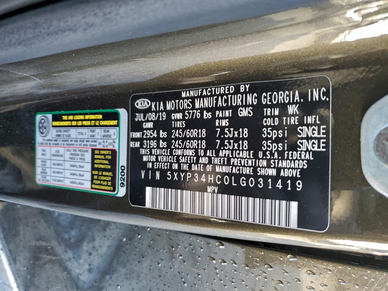 2020 Kia Telluride Ex VIN: 5XYP34HC0LG031419 Lot: 93455465