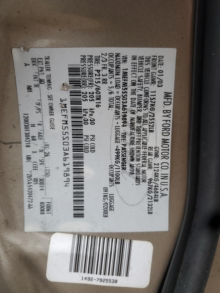 2003 Mercury Sable Ls Premium VIN: 1MEFM55S03A619894 Lot: 93377575