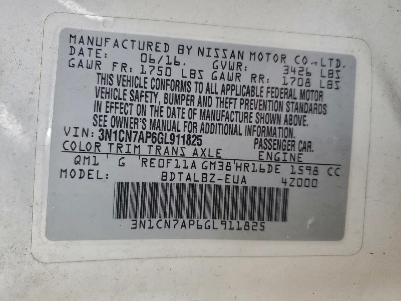 2016 Nissan Versa S VIN: 3N1CN7AP6GL911825 Lot: 94064045