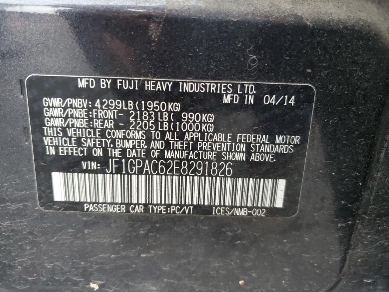 2014 Subaru Impreza Premium VIN: JF1GPAC62E8291826 Lot: 92515805