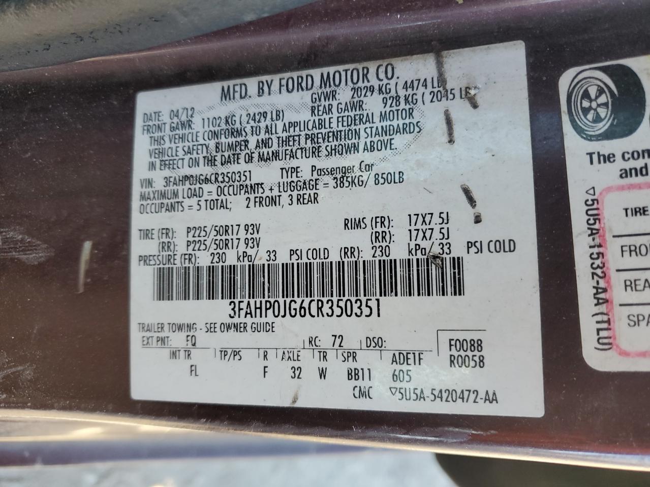 2012 Ford Fusion Sel VIN: 3FAHP0JG6CR350351 Lot: 92515665