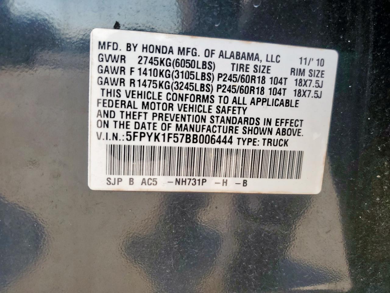 2011 Honda Ridgeline Rtl VIN: 5FPYK1F57BB006444 Lot: 93556135