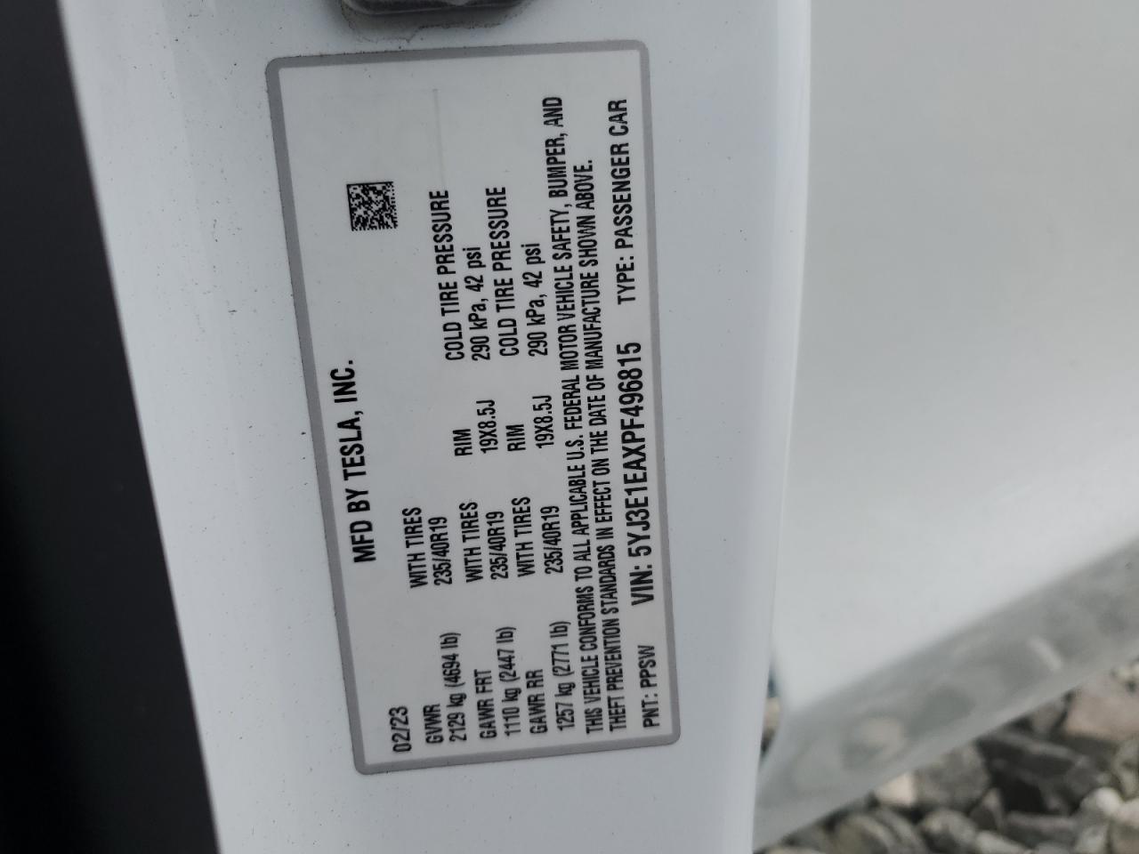 2023 Tesla Model 3 VIN: 5YJ3E1EAXPF496815 Lot: 92169165