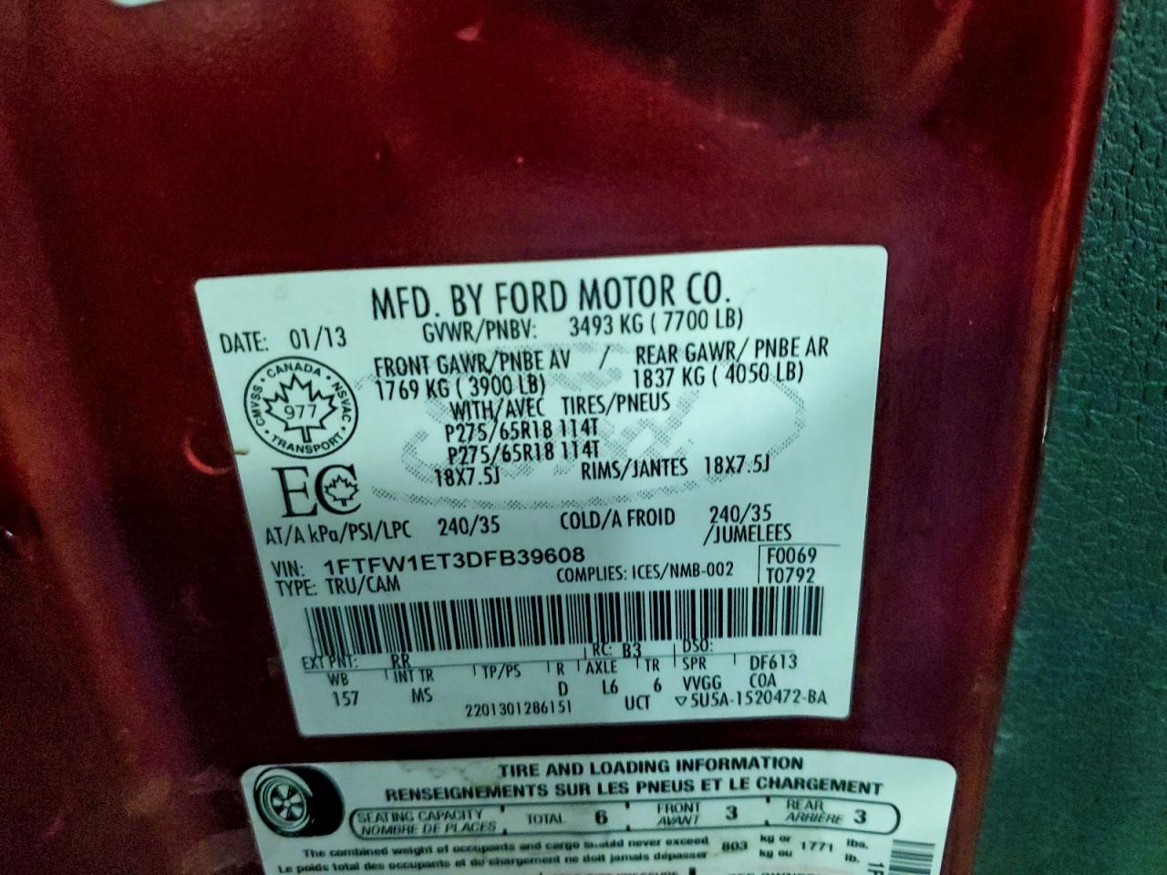 2013 Ford F150 Supercrew VIN: 1FTFW1ET3DFB39608 Lot: 93000245